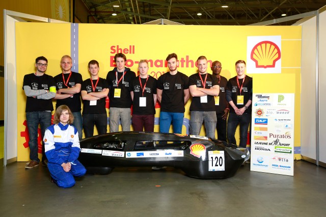 The EcoMotion 5, #120, ethanol prototype, competing for team EcoMotion from Haute Ecole de la Province de Liege, Seraing, Belgium poses for a portrait during practice day 1 of the Shell Eco-marathon Europe 2015 in Rotterdam, Netherlands, Wednesday, May 20, 2015. (Jiri Buller/AP Images for Shell)