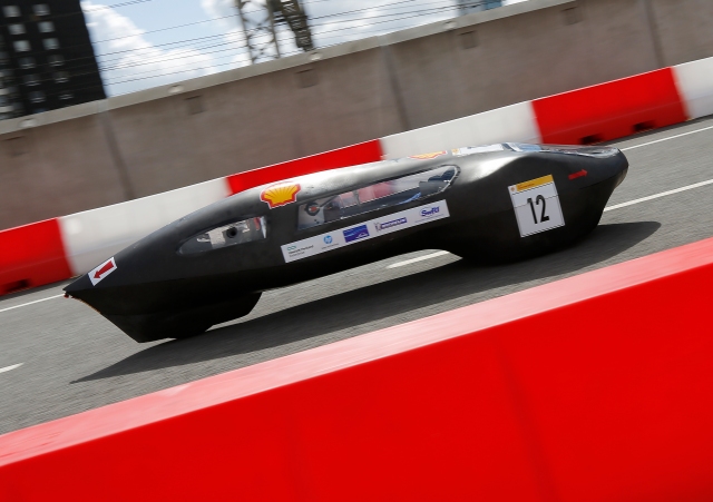 The EcoMOTION 6, #12, a ethanol prototype racing for team EcoMOTION from Haute Ecole De La Province De Liege, Seraing, Belgium on the track during Make the Future London 2016 at the Queen Elizabeth Olympic Park, Sunday, July 3, 2016 in London, UK. (Chris Ison for Shell)